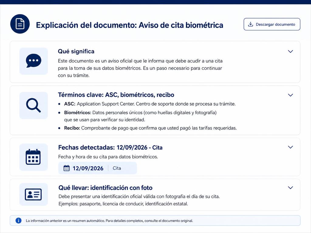Vista previa de la explicación educativa de una notificación migratoria con términos clave y fechas detectadas.