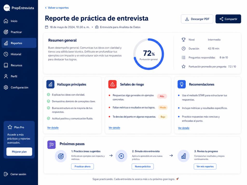 Mockup de un reporte de práctica de entrevista con resumen general, hallazgos principales, señales de riesgo, recomendaciones y próximos pasos.